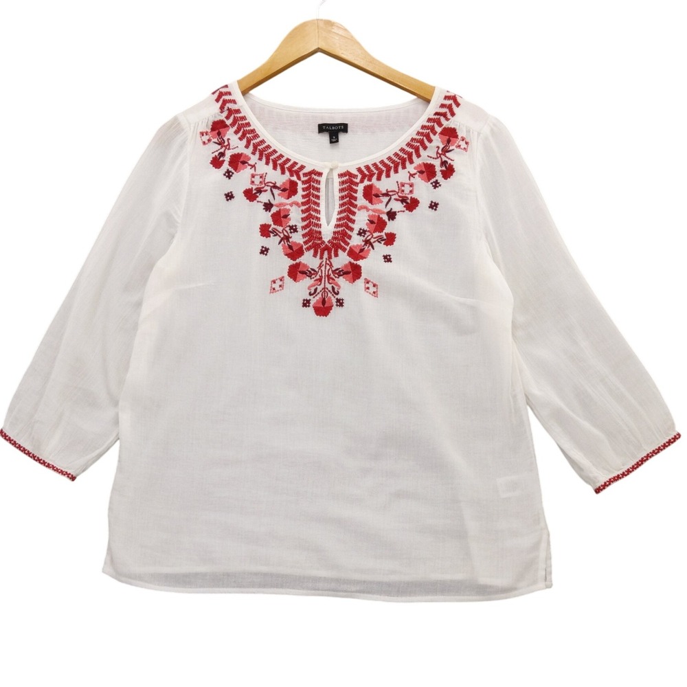 Talbots Embroidered‎ White Cotton Gauze Tunic Top 3/4 Sleeve Keyhole Neck Sz S
